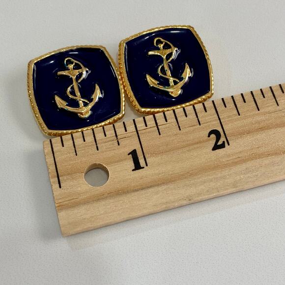 Vintage Nautical Sailor Anchor Gold Tone Navy Blue Enamel Square Shoe Clips - Picture 5 of 5